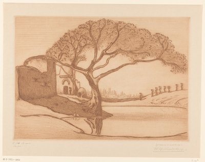 Tre ved en dam nær Kairo Nær Kairo (original tittel) Kairo (tittel på objekt) av Wijnand Otto Jan Nieuwenkamp (signed by artist)