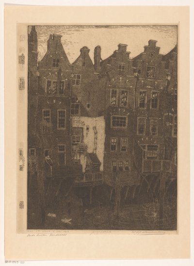 Hus ved Voorstraathaven i Dordrecht Kanalen, Dordrecht (original tittel) Gamle hus, Dordrecht (tittel på objekt) av Wijnand Otto Jan Nieuwenkamp (signed by artist)