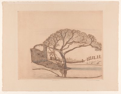 Hus, tre ved dam og kvinner med vannkrukker på hodet Nær Kairo (original tittel) av Wijnand Otto Jan Nieuwenkamp (signed by artist)