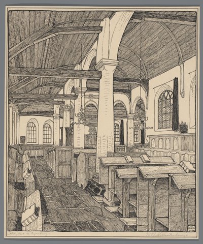 Interiør i klosterkirken i Rijnsburg av Wijnand Otto Jan Nieuwenkamp (signed by artist)