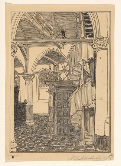Interiør i Noorderkerk i Hoorn av Wijnand Otto Jan Nieuwenkamp (signed by artist)