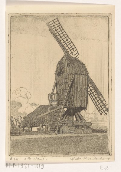 Kornmølle med to blader på Bennekom Den gamle møllen (original tittel) av Wijnand Otto Jan Nieuwenkamp (signed by artist)