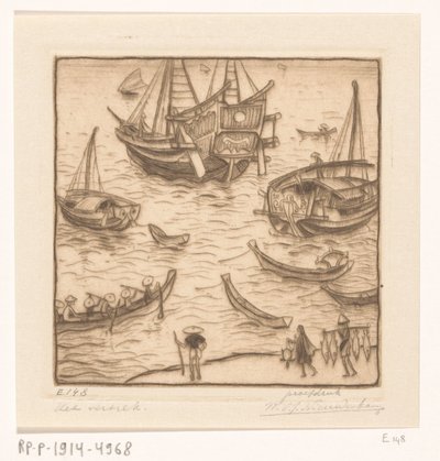 Skip i en bukt på østkysten av Lombok The Departure, Lombok (original tittel) av Wijnand Otto Jan Nieuwenkamp (signed by artist)