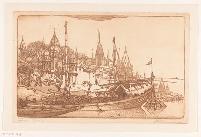 Skip med ved på bredden av Ganges i Benares Skip med ved, Benares (original tittel) Skip, Benares (tittel på objekt) av Wijnand Otto Jan Nieuwenkamp (signed by artist)