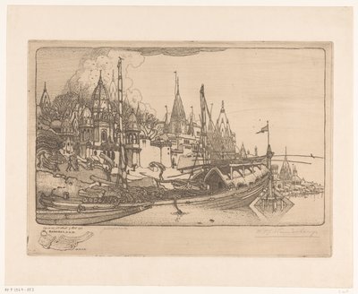 Skip med ved på bredden av Ganges i Benares Skip med ved, Benares (original tittel) av Wijnand Otto Jan Nieuwenkamp (signed by artist)