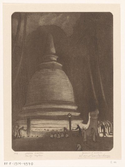 Stupa i Kandy på Sri Lanka om natten Silent Night, Kandij, Ceylon (original tittel) av Wijnand Otto Jan Nieuwenkamp (signed by artist)
