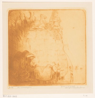 To okser trekker en vogn gjennom en elv The Oxcart (original tittel) av Wijnand Otto Jan Nieuwenkamp (signed by artist)