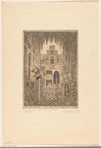 Kvinne i tradisjonell kjole banker på en inngangsdør i Edam Ved inngangsdøren (original tittel) Inngangen til huset mitt i Edam (tittel på objekt) av Wijnand Otto Jan Nieuwenkamp (signed by artist)