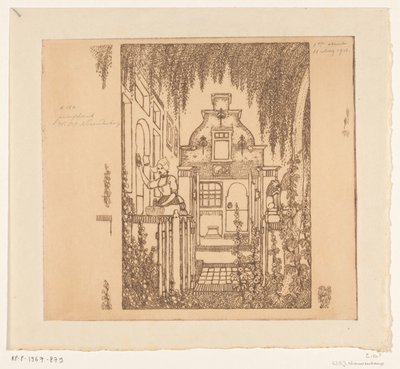 Kvinne i tradisjonell kjole banker på en inngangsdør i Edam Ved inngangsdøren (original tittel) av Wijnand Otto Jan Nieuwenkamp (signed by artist)