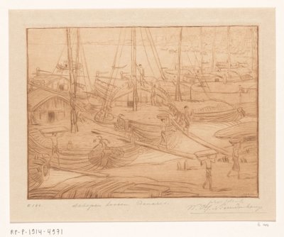 Fortøyde skip på bredden av Ganges i Benares Lossing av skip (original tittel) av Wijnand Otto Jan Nieuwenkamp