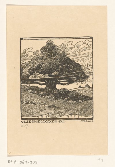 Byer under en sedertre i et fjellandskap Dream Face of Ezekiel (original tittel) av Wijnand Otto Jan Nieuwenkamp