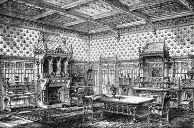 Design for en gotisk spisestue, publisert i The House-Furnisher & Decorator, 1. september 1872 av Wilberforce Haddon