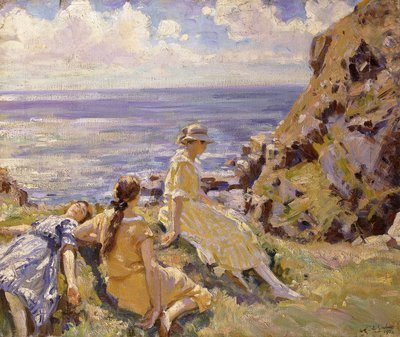 The Artists Nieces on the Cliffs at Frying Pan, Cadgwith, Cornwall av Wilfred Gabriel de Glehn
