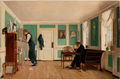 Interiør fra Amaliegade. Kaptein Carl Ludvig Bendz stående og Dr. Jacob Christian Bendz sittende av Wilhelm Bendz