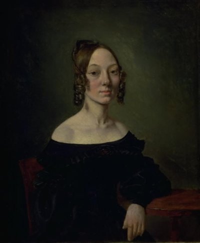 Portrett av en jente i en svart kjole som sitter ved bordet av Wilhelm Bendz