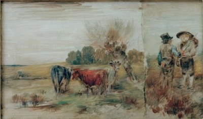Dobbeltbilde: kyr på beitet, to bønder snakker av Wilhelm Busch