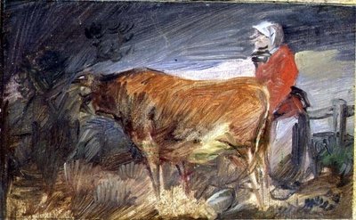Kvinne og en ku i et landskap av Wilhelm Busch
