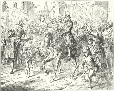 Erkehertug Maximilian, den fremtidige hellige romerske keiseren Maximilian I, med sin brud, Maria av Burgund, i Gent av Wilhelm Camphausen