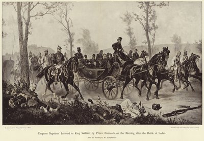 Keiser Napoleon ble eskortert til kong William av prins Bismarck morgenen etter slaget ved Sedan av Wilhelm Camphausen