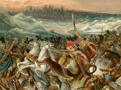 Israelittene reddet fra Rødehavet (farge litho) av Wilhelm Ebbinghaus