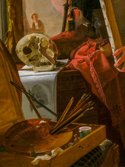 En ung kunstner (Ditlev Blunck) undersøker en skisse i et speil av Wilhelm Ferdinand Bendz