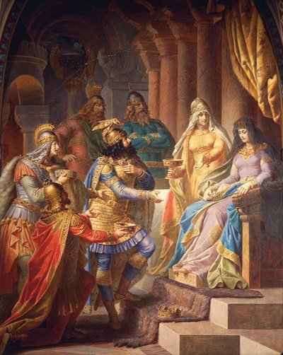 Gudrun samtykker i å gifte seg med Attila, Hunnes konge, fra Gudrun Saga, Øvre Hall, ca. 1883-84 (veggmaleri) av Wilhelm Hauschild