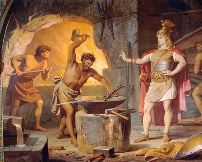 Sigurd går til dvergen Mime, fra Sigurd Saga, Nedre sal, ca. 1882-83 (veggmaleri) av Wilhelm Hauschild