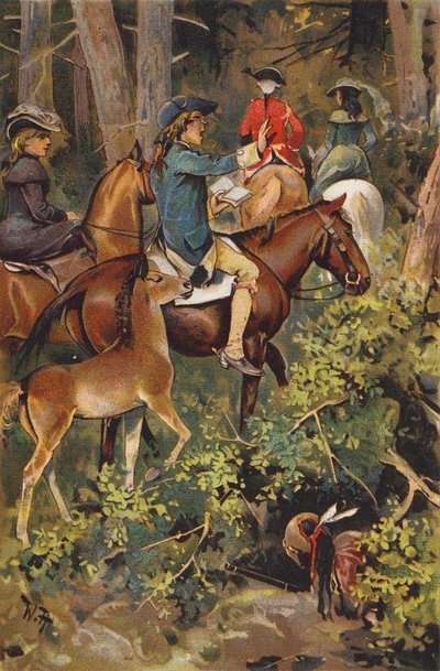 Scene fra The Last of the Mohicans, av James Fenimore Cooper (farge litho) av Wilhelm Hoffmann
