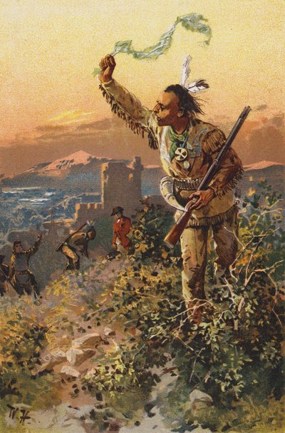 Scene fra The Last of the Mohicans, av James Fenimore Cooper (farge litho) av Wilhelm Hoffmann
