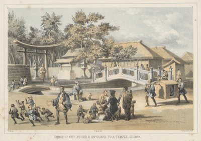 Bridge of Cut Stone og inngangen til et tempel, Simoda, 1855 av Wilhelm Joseph Heine
