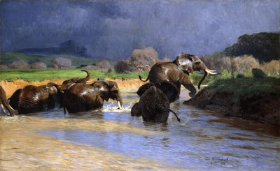 Bading av elefanter; Badende elefanter, 1908 av Wilhelm Kuhnert