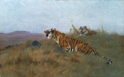 Tigre som forfølger byttet sitt (maleri) av Wilhelm Kuhnert