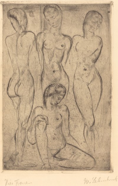 Fire kvinner; Tre stående, en sittende (fire kvinner; tre stående, en sittende) av Wilhelm Lehmbruck