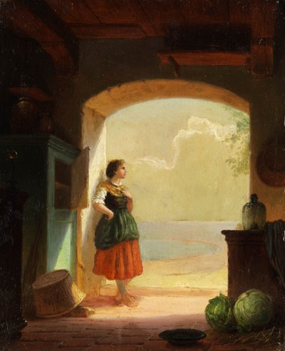 Ung jente ved portinngangen. 22,5x19 cm av Wilhelm Lichtenheld