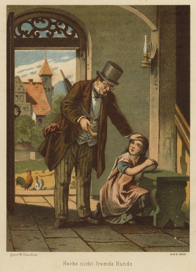 Far som trøstet datteren sin etter at hun led konsekvensene av å erte en hund (farge litho) av Wilhelm Ludwig Heinrich Claudius
