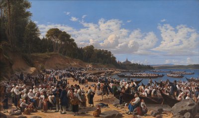 Kirkegjengere ankommer med båt til sognekirken i Leksand ved Siljansjøen, Sverige av Wilhelm Marstrand