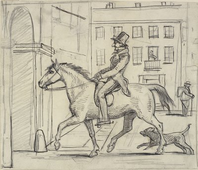 En elsker rir med et selvtilfreds smil forbi donnaens vinduer av Wilhelm Marstrand