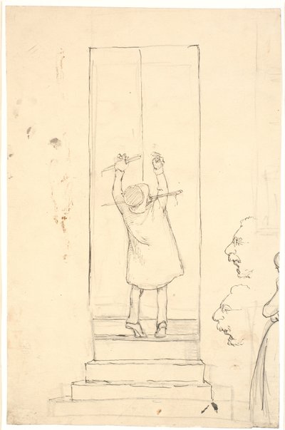 En liten mann står på tå for å åpne en dør med en hammer. Skisse av profiler og kvinne av Wilhelm Marstrand