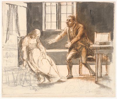 En mann strekker ut armene mot en kvinne som sitter besvimt i en stol av Wilhelm Marstrand
