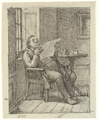 En feit herre som leser en avis med kaffen sin av Wilhelm Marstrand