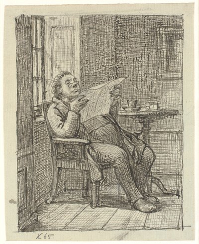 En feit herre som leser en avis med kaffen sin av Wilhelm Marstrand
