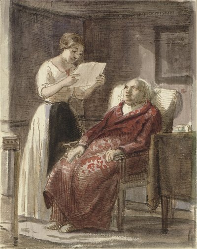 En ung jente leser et brev høyt for en gammel mann i en rød frakk av Wilhelm Marstrand