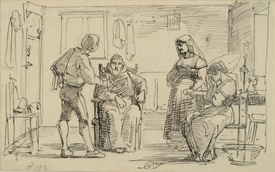 Interiør hvor en ung mann forklarer noe til en sittende munk, dvs. gråtende jente og gammel kone av Wilhelm Marstrand