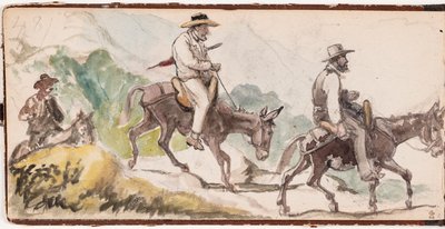 P.C. Skovgaard og A. Kittendorff, ridende på esler i et fjellandskap av Wilhelm Marstrand