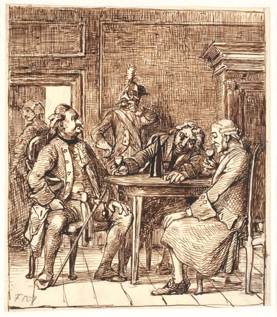 Scene på fødeavdelingen. Corfitz drikker rhinsk vin sammen med offiseren og Jens Olsen av Wilhelm Marstrand