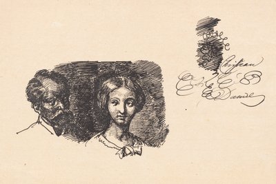 Studieark med to hoder og en skriveprøve av Wilhelm Marstrand