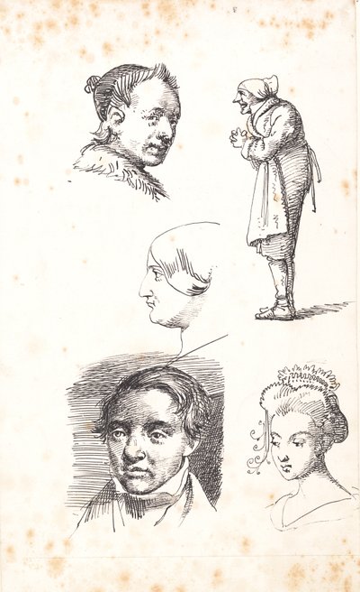 Studieark med to mannlige hoder, to kvinnelige hoder og en stående mann av Wilhelm Marstrand