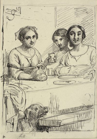 Tre jenter ved et bord, under bordet en hund av Wilhelm Marstrand