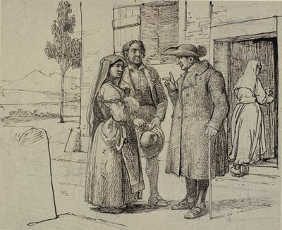 Utenfor et hus formaner en prest et ungt par av Wilhelm Marstrand