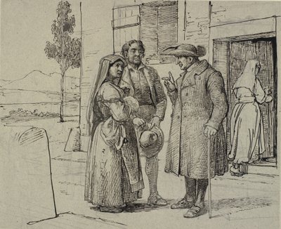 Utenfor et hus formaner en prest et ungt par av Wilhelm Marstrand